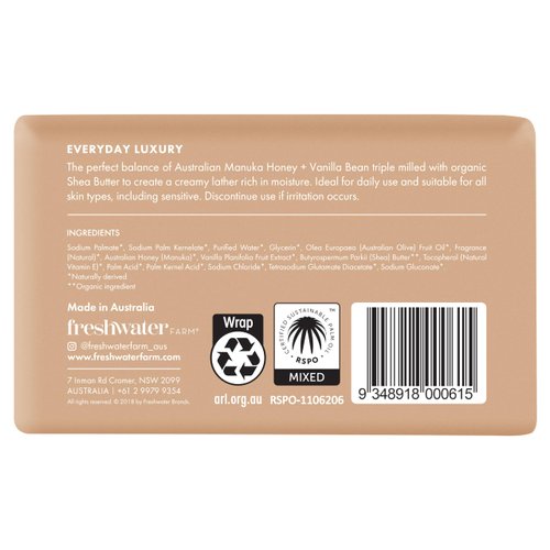 Freshwater Farm Australia Nourishing Castile BODY BAR | Manuka Honey + Vanilla Bean | Natural Ingredients | Triple-Milled Soap Bars With Organic Shea Butter