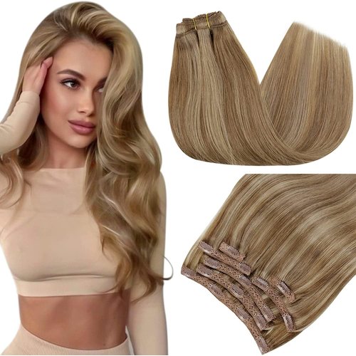 RUNATURE Clip in Hair Extensions Human Hair Dark Blonde Hair Extensions Clip in Real Human Hair Dark Blonde Highlight Caramel Blonde Double Weft Full Head Straight Hair Thick Ends 120g 18 Inch 7Pcs