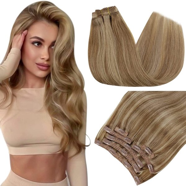 RUNATURE Clip in Hair Extensions Human Hair Dark Blonde Hair Extensions Clip in Real Human Hair Dark Blonde Highlight Caramel Blonde Double Weft Full Head Straight Hair Thick Ends 120g 18 Inch 7Pcs