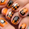 Halloween Cute Press on Nails Short Square Fake Nails Ghost False Nails with Checkerboard Chocolate Designs Glossy Full Cover Glue on Nails Reusable Artificial Nails for Women 24PCS (Orange&Black)