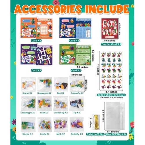 Colplay 24 Packs Valentines Day Gifts for Kids, Insect Building Blocks with Valentines Cards for Kids Classroom School & Stickers, Class Gifts Exchange, Party Favors for Kids Boys Girls