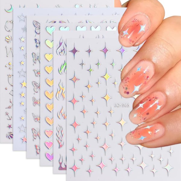 Star Nail Stickers, Holographic Star Nail Decals Heart Butterfly Shinning Stars Nail Designs Aurora Silver Nail Art Supplies for Women Girls(6 Sheets)