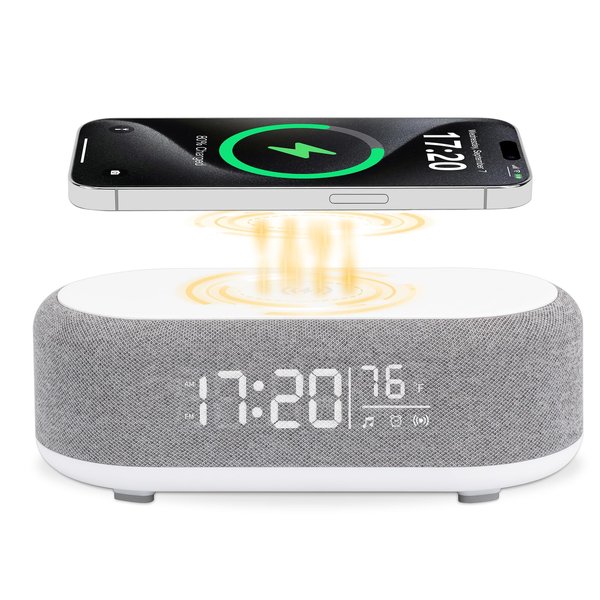 Couperos 4in1 Alarm Clock with Wireless Charging Wireless Speaker Night Light & Temperature Display – Customized Sleep-Wake Routine Alarm Clock for Heavy Sleepers (Gray)