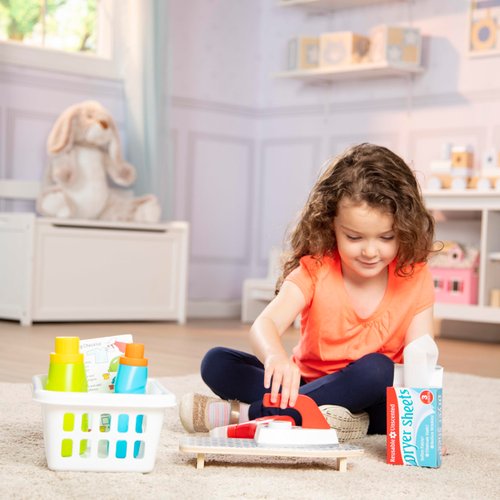 Melissa & Doug Laundry Basket Pretend Play Set With Wooden Iron, Ironing Board, and Accessories (14 Pcs) For Kids
