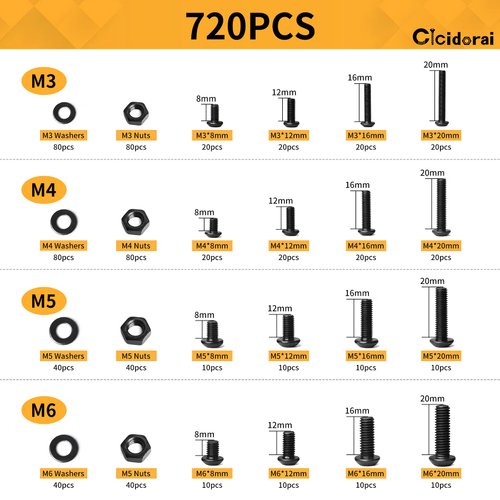 Cicidorai 720Pcs M3 M4 M5 M6 10.9 Grade Alloy Steel,Button Head Hex Socket Cap Screws Bolts,Flat Washers & Nuts Assortment Kit