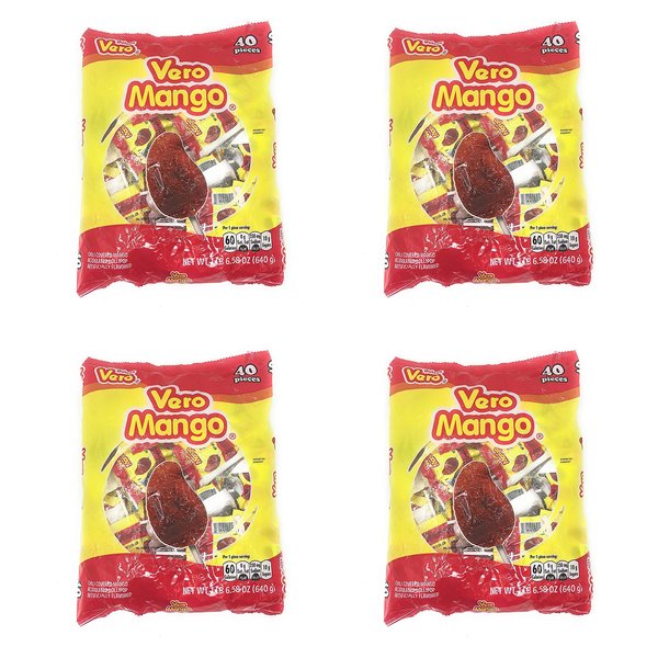 Dulces Vero Vero Mango Paletas Sabor Fresa Con Chile Mexican Hard Candy Chili Pops 40 Pc Pack of 4