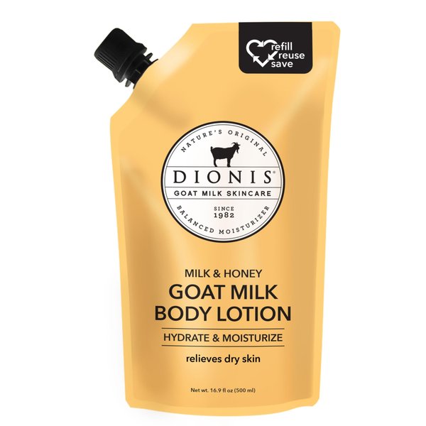 Dionis Goat Milk Skincare Body Lotion 20 oz Refill Pouch, Cruelty Free Clean Ingredients & Dermatologist Tested Lotion for Dry Skin - Hydrating & Deeply Moisturizing Rich in Vitamins, Milk & Honey