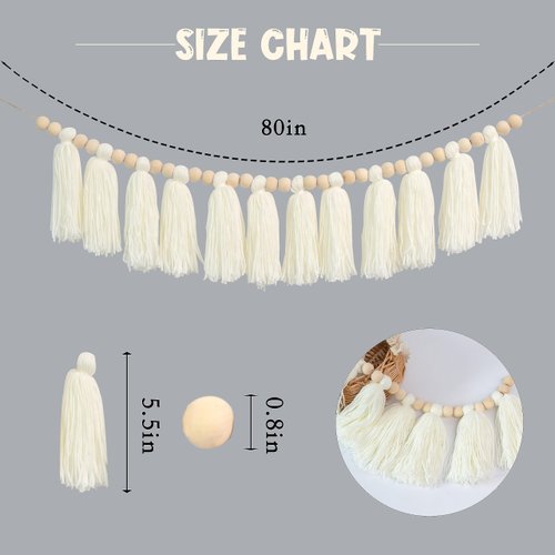 Vgaruint White Yarn Banner - Cream Wood Bead Tassel Garland Boho Decor, Boho Nursery Wall Hanging, Christmas Decor, Baby Bridal Shower Party Supplies