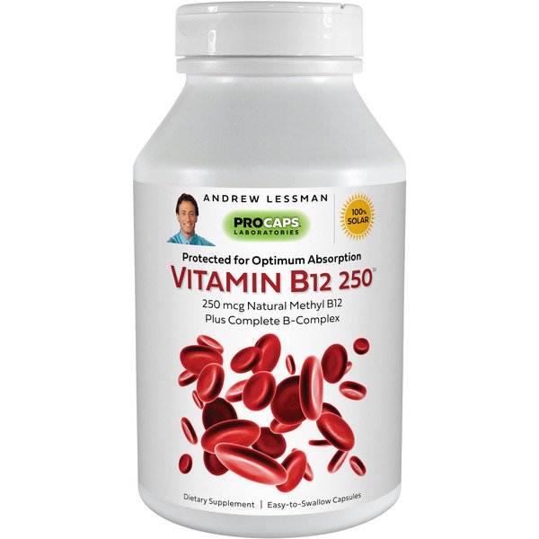ANDREW LESSMAN Vitamin B12 250 180 Capsules – Absorption-Protected Methylcobalamin (Natural Coenzyme Vitamin B12), Essential for Energy & Stress Support, Plus B-Complex, Easy to Swallow Capsules