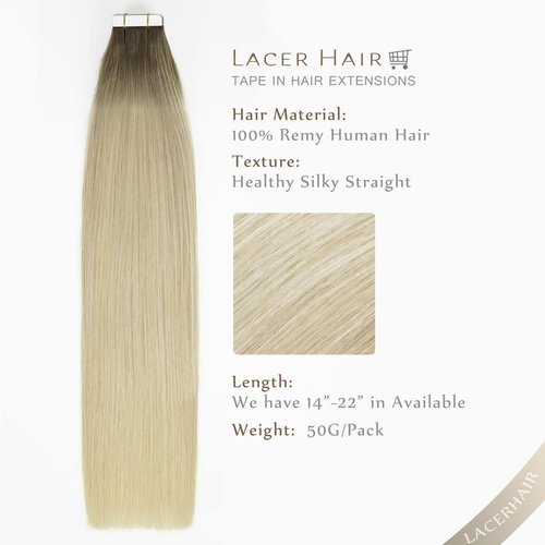 Lacerhair Natural Hair Remy Tape in Human Hair Extensions #8G/60A Light Ash Brown to Light Platinum Blond Dip Dyed Seamless PU Skin Weft Real Remy Invisible Hair Double Side 50g 20pcs 18inch