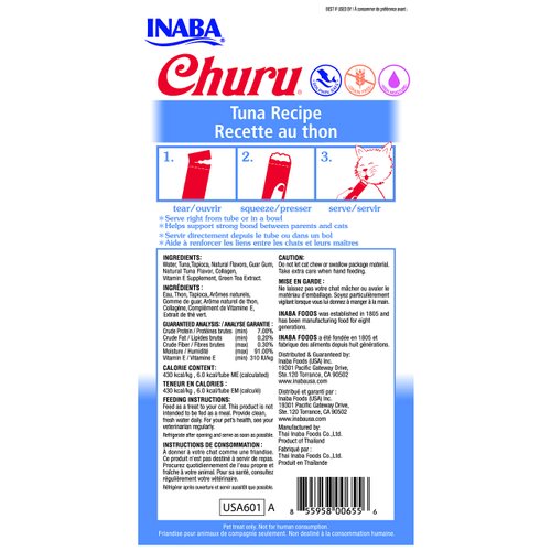 INABA Churu Lickable Purée Natural Cat Treats (Tuna Recipe, 4 Tubes)