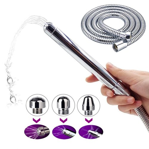 3 Heads Aluminum Shower Cleaner Douche System with 1.5m Stainless Steel Handheld Shower Hose and Velet Pouch