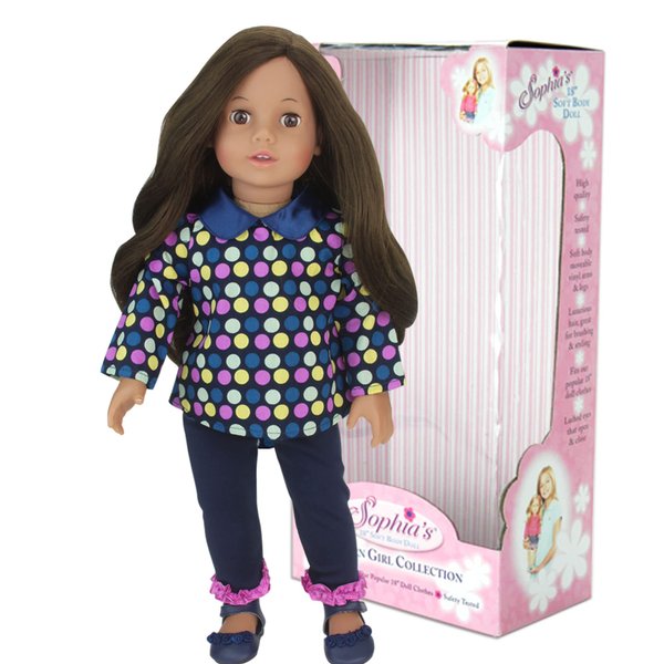 Sophia's 18 inch Doll Catherine with Light Medium Skin Tone, Brunette Hair, Brown Eyes, Long-Sleeved Polka Dot Shirt, Jeans, & Doll Shoes, Soft-Bodied Vinyl 18" Doll, Modern Girl Collection
