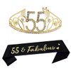 Dgasin 55th Birthday Tiara and Sash Happy 55th Birthday Party Supplies 55 Fabulous Black Glitter Satin Sash and Crystal Tiara Princess Birthday Crown for Women 55th Birthday Party Decorations