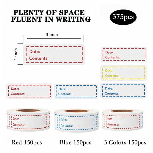 Freezer Labels 375pcs - 3"x1" Self-Adhesive Removable Food Labels | Write-On Waterproof & Oil-Proof Tape for Containers, Meal Prep & Pantry Organization (3 Rolls, 3 Colors)