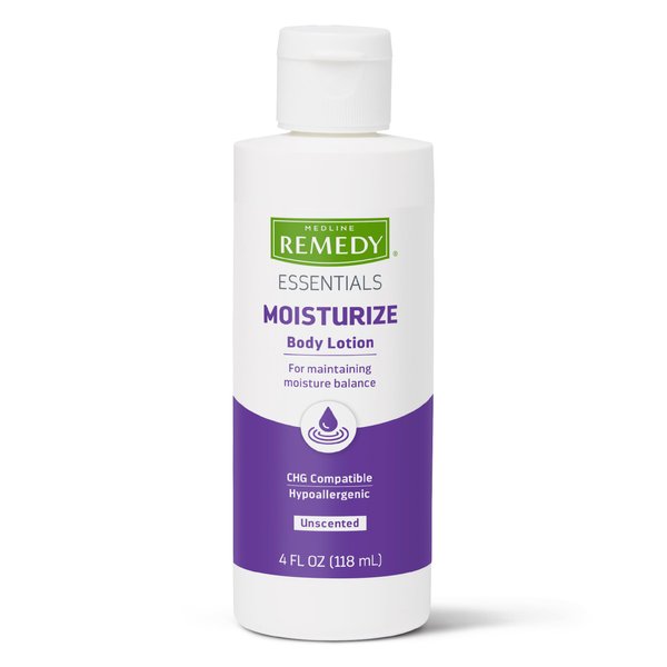 Medline Remedy Essentials Moisturizing Body Lotion (4 oz Bottle), Unscented, Hydrating, Non-Greasy, For Dry Skin, Hypoallergenic, Men, Women, Elderly