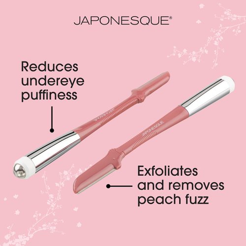 JAPONESQUE Dermaplaner and Cooling Eye Roller - Dual Ended Dermaplaning Facial Razor with Soothing Roller Ball Massager- Tool for Exfoliation, Hair Removal, Face Massage