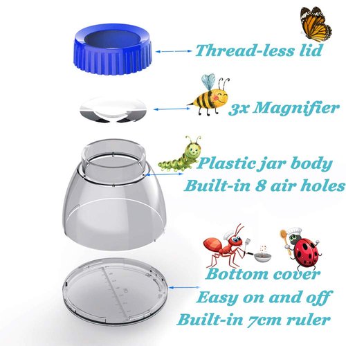 RORANIC 5X Magnifier Bug Viewer,Insect Observation Kit Built-in 8 Air Holes 7cm Ruler with 2 Plastic Tweezers, Bug Catcher Kit for Kids Science Education Nature Exploration