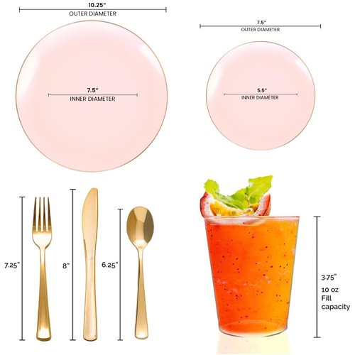Smarty Had A Party Disposable Plastic Plates with Rim Design, Organic Round Dinnerware Bulk Order for Wedding, Birthday & All Occasions (Pink with Gold, Wedding Value Set (60 Guests))