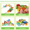 Loppdece 42 PCS Wooden Animals Fruits Vegetables String Threading Beads, Montessori Toddler Preschool Activities Lacing Toys, Include 42Wooden Lacing Beads 4String Ropes for Toddlers 3 4 5 6 Year Old