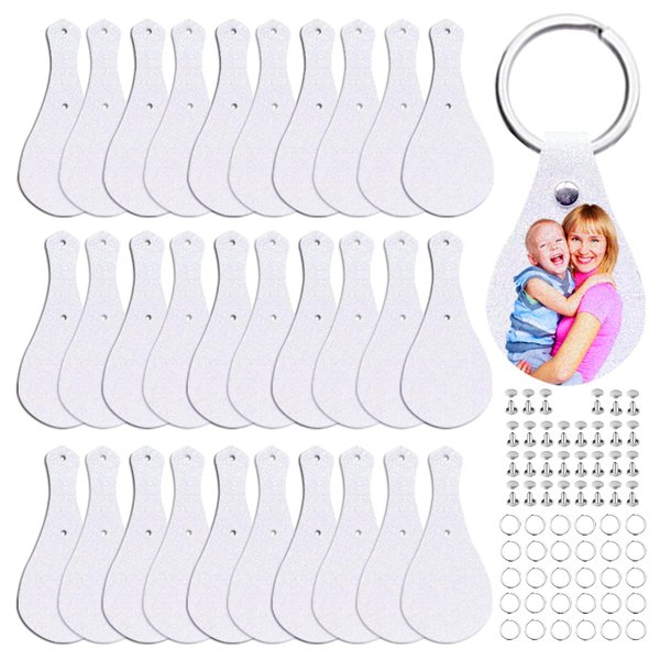30 Sets Sublimation Keychain Blanks Making Kits, Shiny Glitter for Heat Transfer and Gold PU Faux Lather Back, Nice Customized Key Fob for Families/Lovers DIY Craft Gift Supplies
