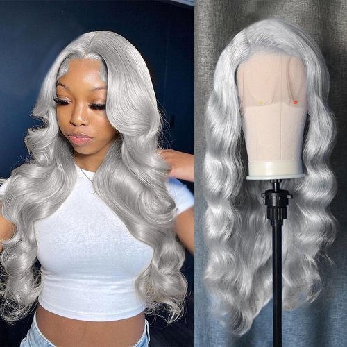Msviki 200% Silver Grey Lace Front Wig Human Hair 13x4 HD Transparent Lace Wigs Ice Grey Loose Body Wave Frontal Wig Brazilian Virgin Colored Human Hair Wigs For Women 26 inches