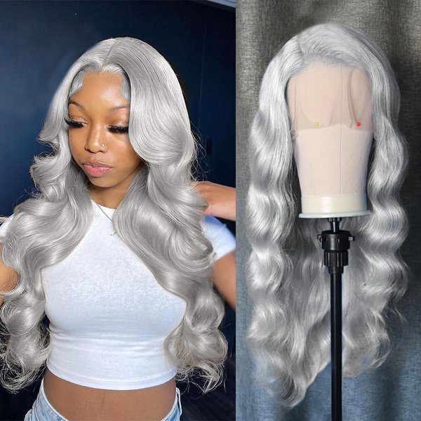 Msviki 200% Silver Grey Lace Front Wig Human Hair 13x4 HD Transparent Lace Wigs Ice Grey Loose Body Wave Frontal Wig Brazilian Virgin Colored Human Hair Wigs For Women 26 inches