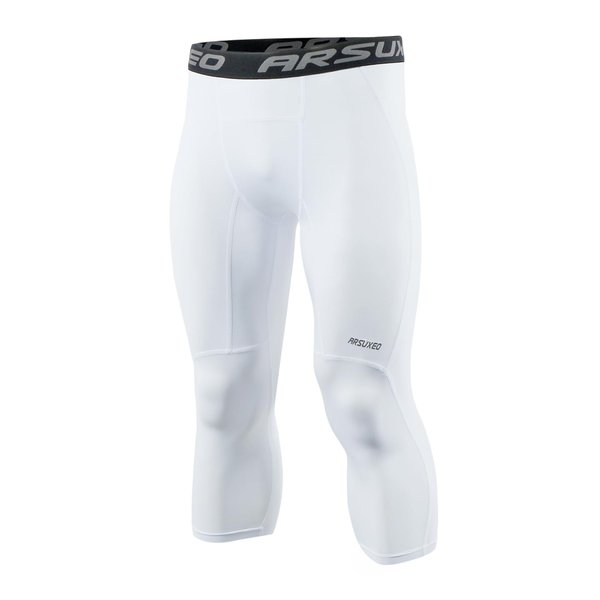 ARSUXEO Men's 3/4 Running Compression Tights Capri Pants K75 White Size Medium