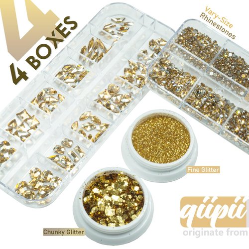 4 Boxes Champagne Nail Rhinestones Glitters Kit, 24 Shapes K9 Glass Champagne Golden Gems Flatback Round Stones Diamonds Crystals Nail Art Supplies Nail Charms for Acrylic Nails Faces Body DIY Crafts