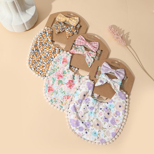 Esumun Baby Girls Reversible Floral Print Bibs Saliva Towel Set, Flounce Edged Burp Cloth and Bow Headband for Newborn Infant Toddlers(SET B)