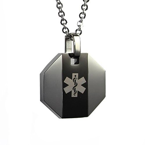 My Identity Doctor - Medical Alert Necklace with Pendant - Custom Engraving for Diabetes Warfarin Dialysis Stroke Pacemakers - Black Stripe 22in -56cm Chain