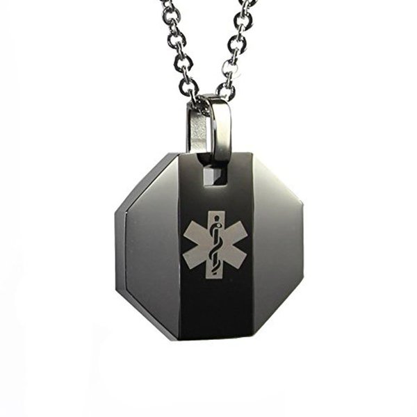 My Identity Doctor - Medical Alert Necklace with Pendant - Custom Engraving for Diabetes Warfarin Dialysis Stroke Pacemakers - Black Stripe 22in -56cm Chain