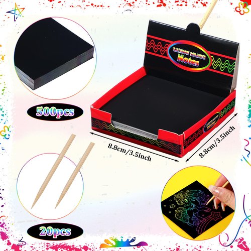 Lenwen 500 Pack Rainbow Scratch Crafts Note Scratch Pads for Kids Rainbow Scratch Paper DIY Paper Craft Arts Kits with 20 Bamboo Stylus Rainbow Party Favors
