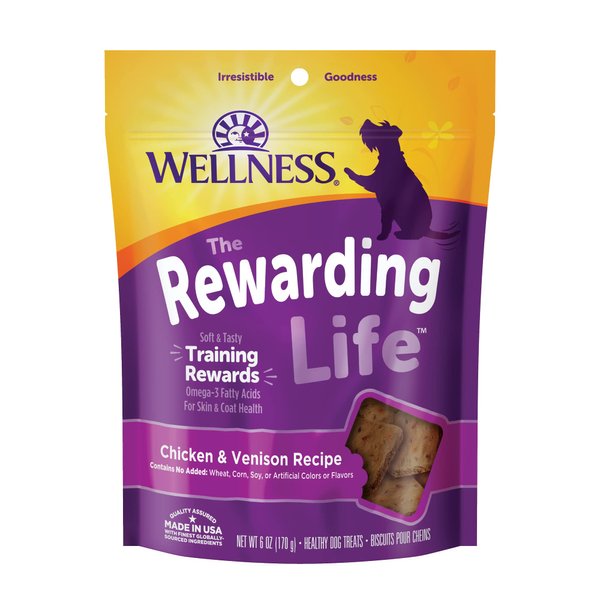 Wellness Rewarding Life Grain-Free Soft Dog Treats, Made in USA with Healthy Ingredients, Ideal for Training (Chicken & Venison Recipe, 6-Ounce Bag)