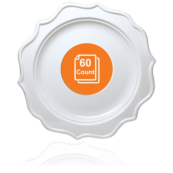 Tiger Chef 60-Count, 8-inch White Color Round Scalloped Rim Disposable Plastic Plate Set Includes 60 Plastic Salad Plates - BPA-Free