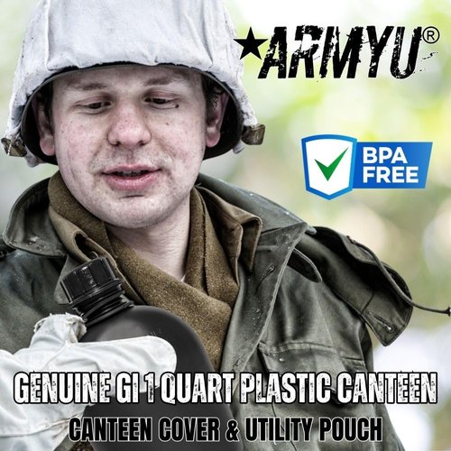Army Universe Black Genuine GI 1 Quart Plastic Canteen & Black MOLLE II Canteen Cover & Utility Pouch