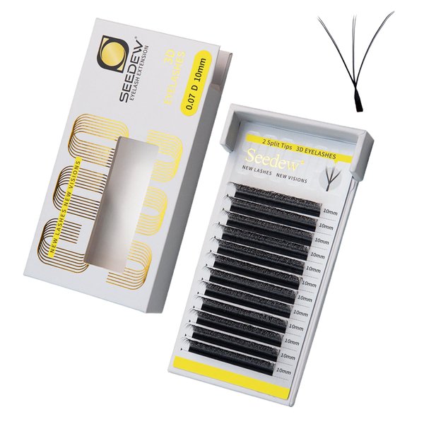 SEEDEW 3D-Double Tips Lash Extensions, 0.07mm D Curl 10mm 12 Rows/Tray, W Shape 3DD Flat Stem, PBT Natural False Eyelashes for Beginner Artist, Lash Tech, Beauty Salon(3DD-Matte Black-0.07-D-10mm)
