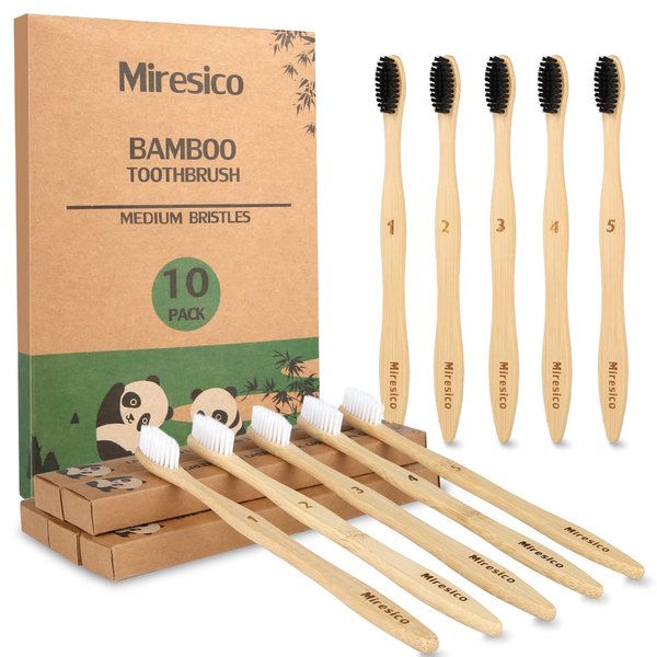 Miresico Bamboo Toothbrushes (10 Pack), BPA Free Toothbrush Medium with Firm Bristles, Eco-Friendly, Natural Biodegradable & Compostable Charcoal Wooden Tooth Brush