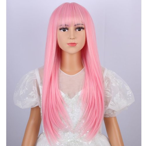 PATTNIUM Pink Wig with Bangs for Kids Child Pink Wig Girls Long Straight Light Pink Wig Synthetic Wig with Wig Cap