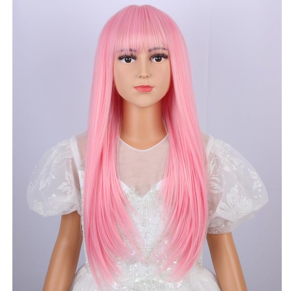 PATTNIUM Pink Wig with Bangs for Kids Child Pink Wig Girls Long Straight Light Pink Wig Synthetic Wig with Wig Cap