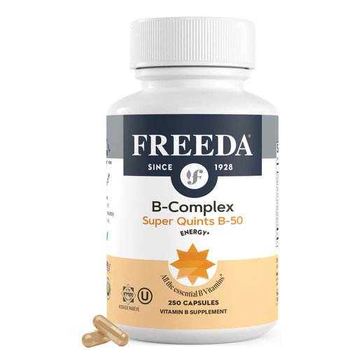 FREEDA Vitamin B Complex - Super Quints B-50 - Kosher Super B Complex Vitamin Supplement for Women & Men with Vitamin B1 Vitamin B2 Vitamin B3 Vitamin B6 Vitamin B12 Plus Folic Acid (250 Capsules)