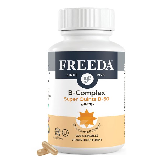 FREEDA Vitamin B Complex - Super Quints B-50 - Kosher Super B Complex Vitamin Supplement for Women & Men with Vitamin B1 Vitamin B2 Vitamin B3 Vitamin B6 Vitamin B12 Plus Folic Acid (250 Capsules)