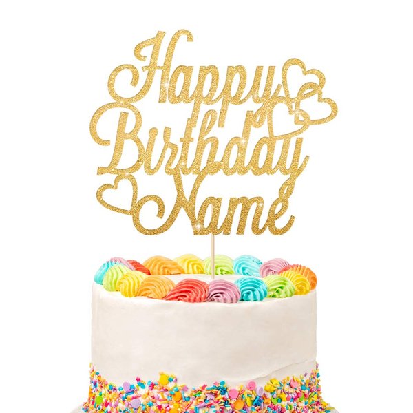 Personalized Happy Birthday Cake Topper | Customized Name Cake Decoration | Double Sided Glitter Card | Gold