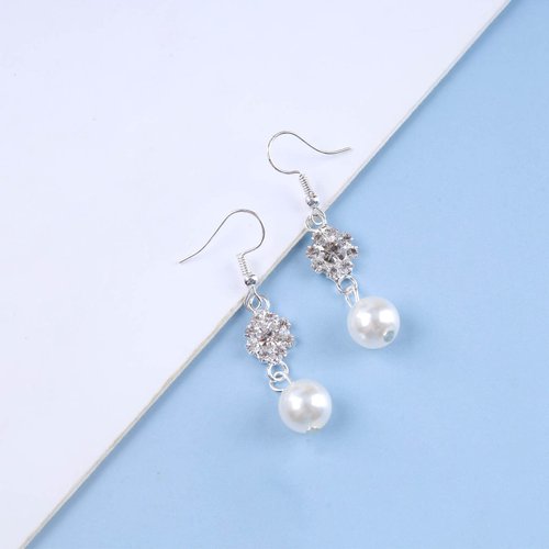 Allereyae Vintage Rhinestone Pearl Drop Earrings Crystal Flower Dangle Earrings Silver Pearl Earring Cz Flower Hook Earrings Jewelry for Women and Girls