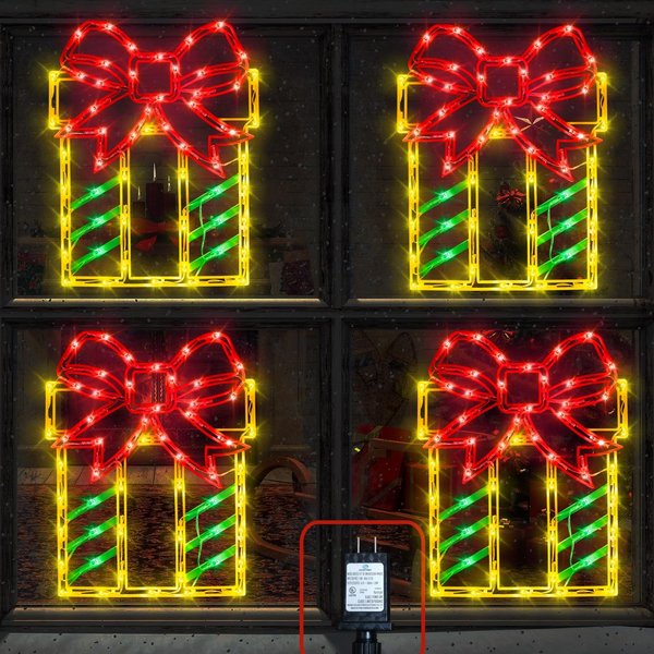 16" Christmas Window Silhouette Lights Decorations - 4 Pack Christmas Lighted Gift Boxes- Used for Holiday Christmas Trees, Wall, Fireplaces, Interior and Exterior Door and Window Decorations
