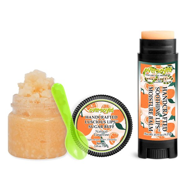 Natural Tangerine Soothing & Luscious Lips by OverSoyed Exfoliator & Chapped Lip Repair Lip Care Combo | Artisan Handcrafted to Order Mouthwatering Tangerine Mandarin Orange Herbal Flavored Exfoliating Sugar Lip Scrub & Lip Moisturizer Balm Gift Set