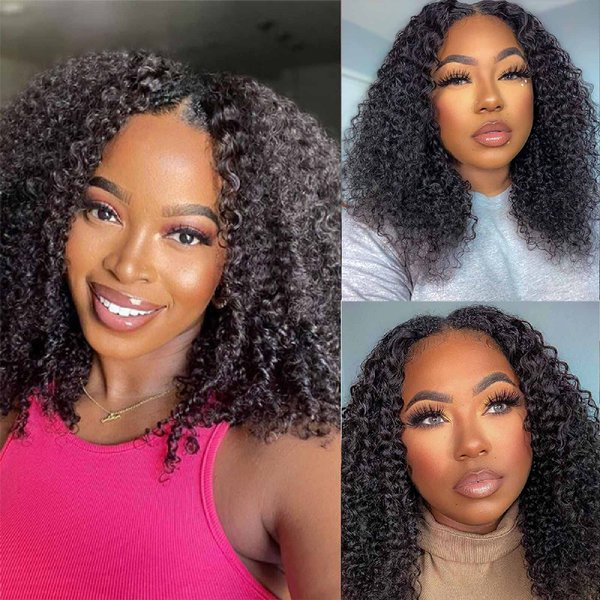 Domiso Curly V Part Wig Human Hair Upgrade U Part Wigs Human Hair Wigs for Black Women Human Hair Glueless V Shape Wigs Kinky Curly Wigs No Leave Out 180% Density Natural Color 18 Inch