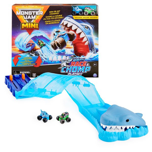 Monster Jam, Mini Megalodon Race and Chomp Playset with 2 Monster Jam Mini Trucks, 1:87 Scale, Kids Toys for Boys and Girls Ages 4-6+