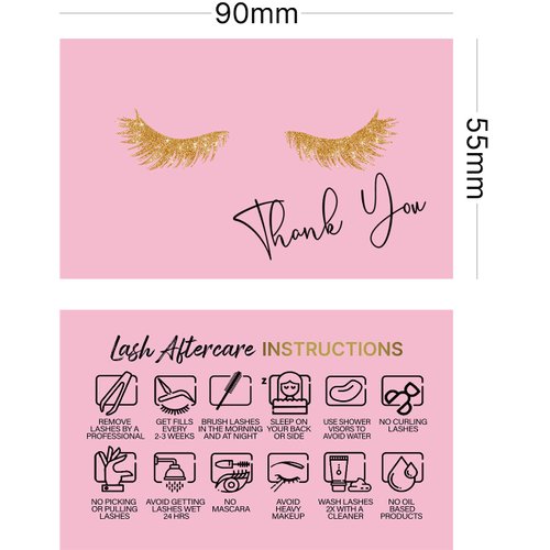 50 Pck Lash Extension Aftercare Thank You Cards, Lash Supplies, Size 3.5”x2” in, Pink