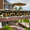 Happy New Year Banner, 2025 New Year Eve Party Decorations, Black Gold New Years Background Banner 2025 for New Years Eve Party Supplies, Cheers to Happy New Year Banner Outdoor 2025 NYE Decoration